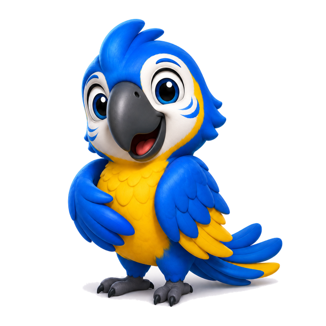 Mascote do Apoio: arara azul e amarela sorridente