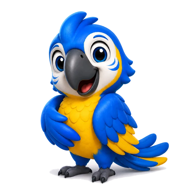 Mascote do Apoio: arara azul e amarela sorridente